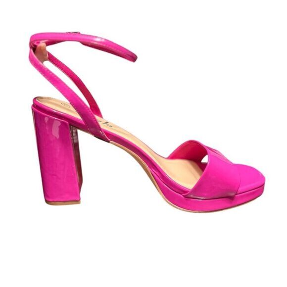 NWT SHEIN 11 Hot Pink Patent Block Heel Sandals Ankle Strap Barbiecore Party Y2K - Picture 1 of 9
